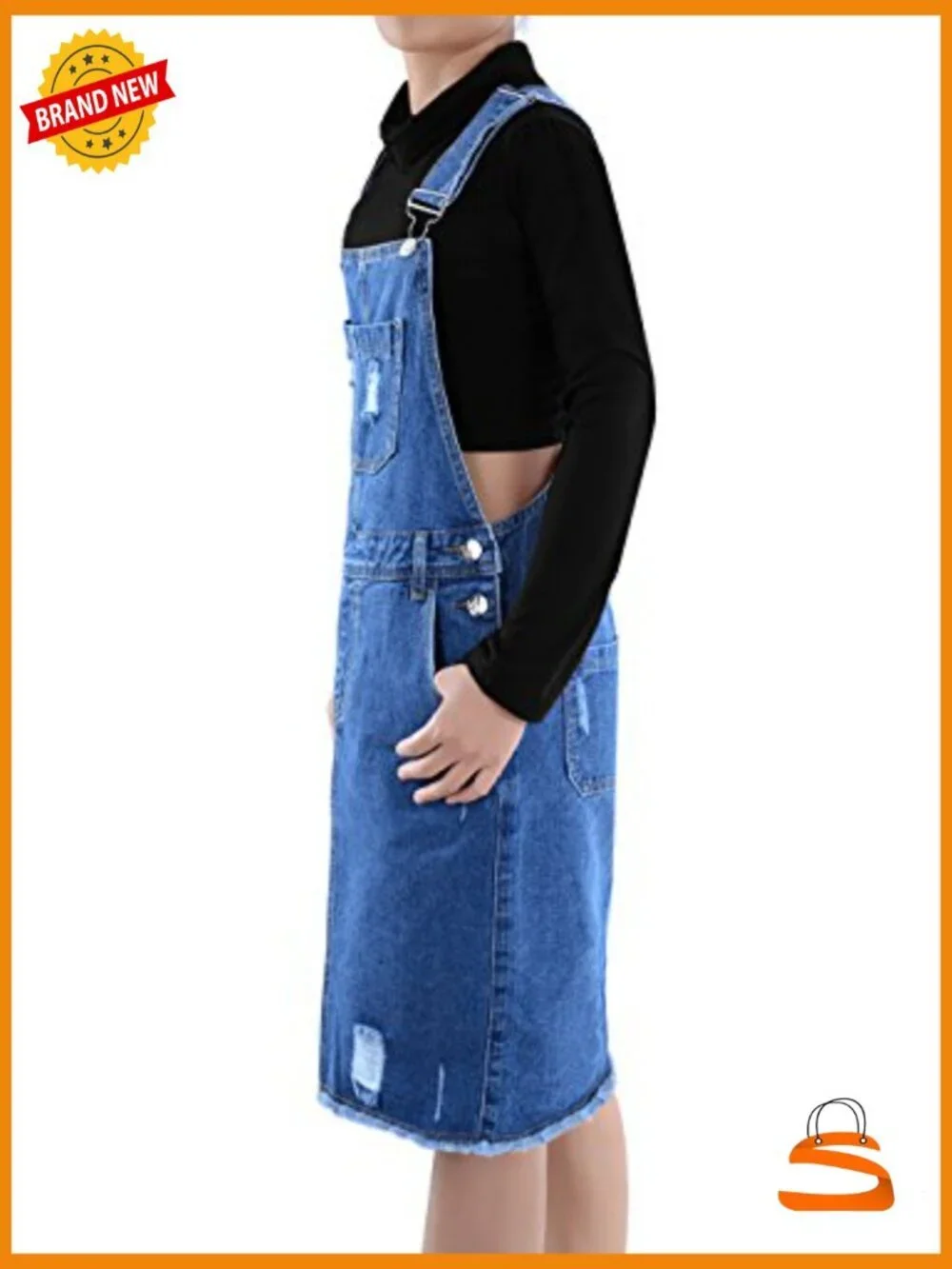 Distressed Denim Adjustable Strap Overall Dress Knee-Length